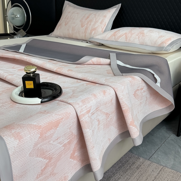 91家纺网 家纺一手货源 找家纺 小萌虎 小萌虎 2025新款PE高分子乙纶提花凉感凉席床席款床笠款 山溪-粉（床席款）