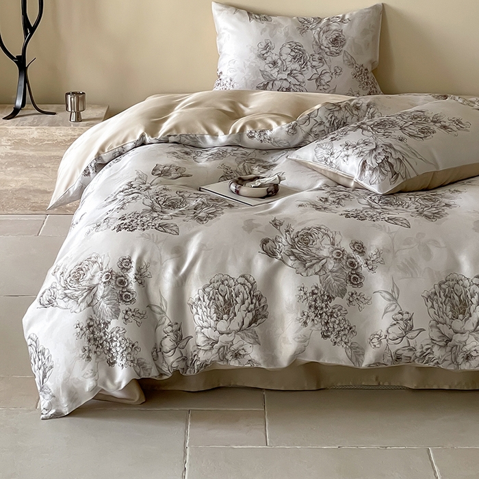 91家纺网 家纺一手货源 找家纺 沐晴家纺 2025春夏新款纯色数码印花60兰精天丝四件套 沁香-咖