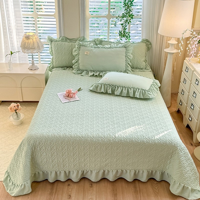 91家纺网 家纺一手货源 找家纺 花香四季家纺 2025新款泡芙小姐双层纱华夫格柔棉夹棉绗缝床盖床垫子单件三件套 泡芙小姐-绿