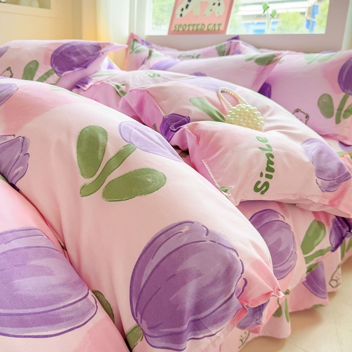 91家纺网 家纺一手货源 找家纺 爱一个家 2023新款芦荟棉双边时尚床裙四件套 郁金香