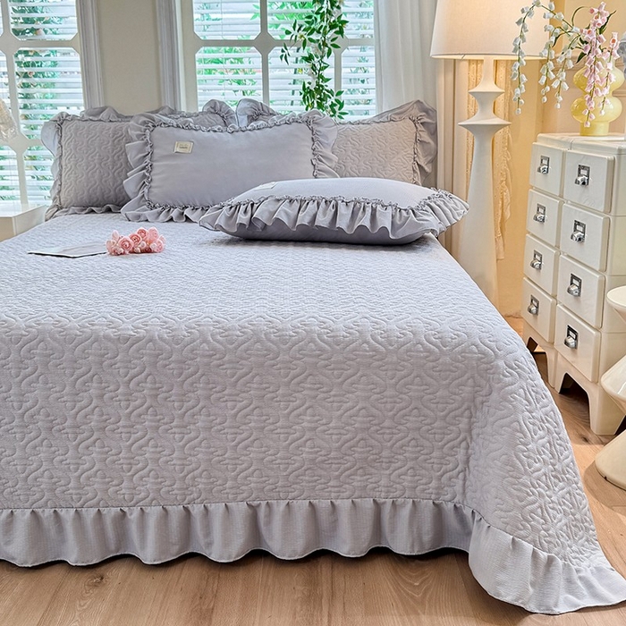 91家纺网 家纺一手货源 找家纺 花香四季家纺 2025新款泡芙小姐双层纱华夫格柔棉夹棉绗缝床盖床垫子单件三件套 泡芙小姐-灰