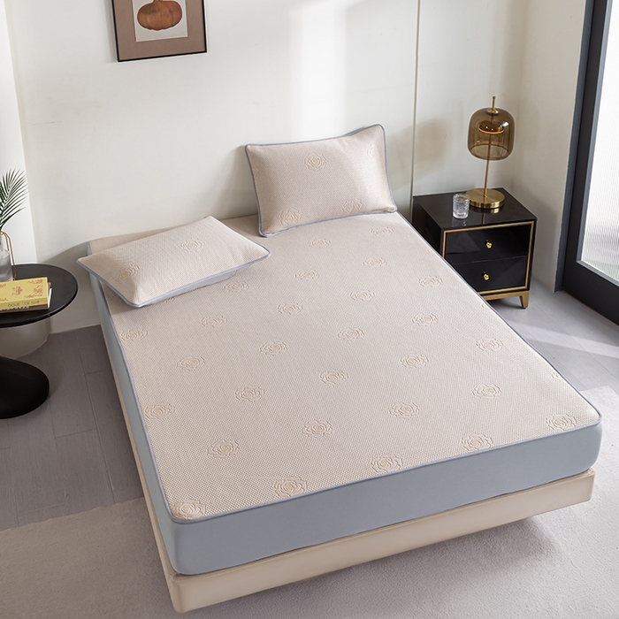 91家纺网 家纺一手货源 找家纺 2025新款山茶花系列冰豆豆凉席 山茶花床笠款-卡其