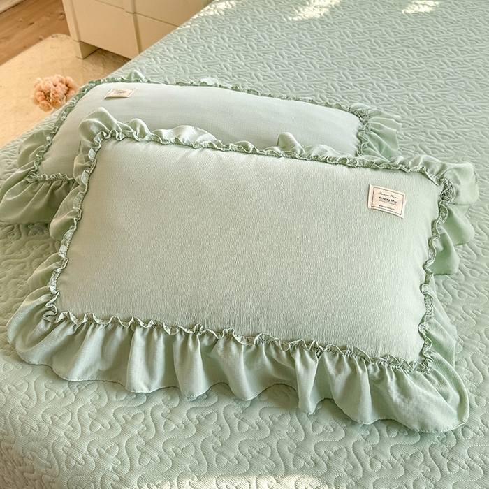 91家纺网 家纺一手货源 找家纺 花香四季家纺 2025新款泡芙小姐双层纱华夫格柔棉夹棉绗缝床盖床垫子单件三件套 泡芙小姐-绿