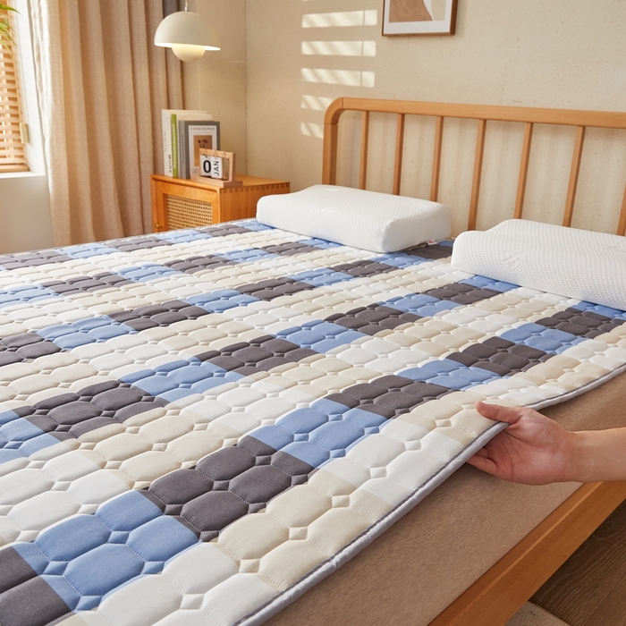 91家纺网 家纺一手货源 找家纺 迪乐妮 2025新款双面可用抑菌冰丝床褥爬爬垫-大床图 蓝大格