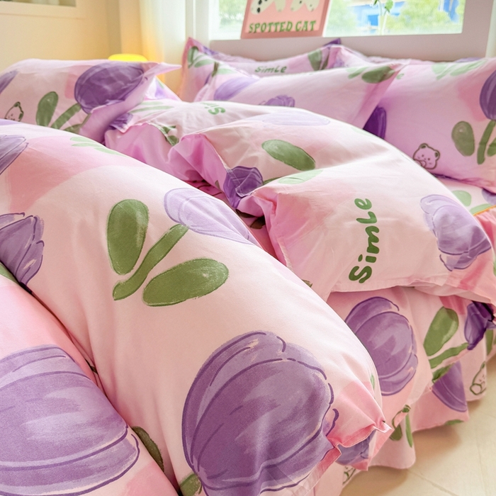 91家纺网 家纺一手货源 找家纺 爱一个家 2023新款芦荟棉双边时尚床裙四件套 郁金香