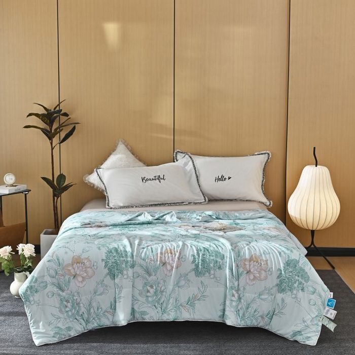 91家纺网 家纺一手货源 找家纺 佳居缘 2025新款A类冰氨双面数码印花凉感夏被 锦绣-绿