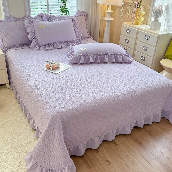 91家纺网 家纺一手货源 找家纺 花香四季家纺 2025新款泡芙小姐双层纱华夫格柔棉夹棉绗缝床盖床垫子单件三件套 泡芙小姐-紫