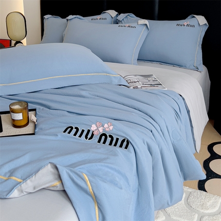 灰鲸 2025新款轻奢miumin刺绣水洗棉夏被四件套系列 miumin-宾利蓝+纳多灰