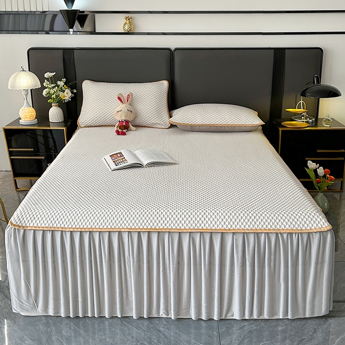 91家纺网 家纺一手货源 找家纺 爱洛家纺 2025新款凉感丝豆豆四件套床裙席 浅灰~豆豆