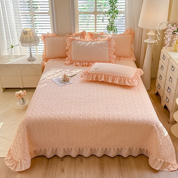 91家纺网 家纺一手货源 找家纺 花香四季家纺 2025新款泡芙小姐双层纱华夫格柔棉夹棉绗缝床盖床垫子单件三件套 泡芙小姐-玉