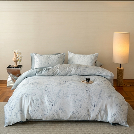 沐晴家纺 2025春夏新款纯色数码印花60兰精天丝四件套 叶影-蓝