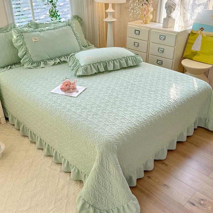 91家纺网 家纺一手货源 找家纺 花香四季家纺 2025新款泡芙小姐双层纱华夫格柔棉夹棉绗缝床盖床垫子单件三件套 泡芙小姐-绿