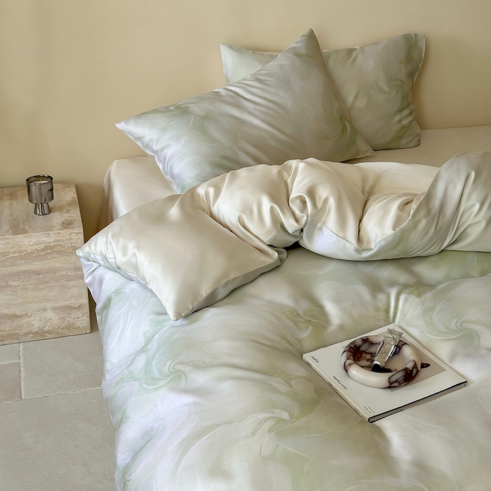 91家纺网 家纺一手货源 找家纺 沐晴家纺 2025春夏新款纯色数码印花60兰精天丝四件套 莫斯-绿