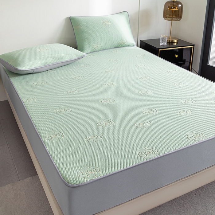 91家纺网 家纺一手货源 找家纺 2025新款山茶花系列冰豆豆凉席 山茶花床笠款-绿