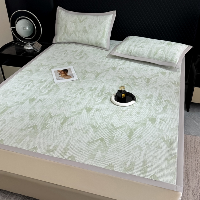 91家纺网 家纺一手货源 找家纺 小萌虎 小萌虎 2025新款PE高分子乙纶提花凉感凉席床席款床笠款 山溪-绿（床席款）