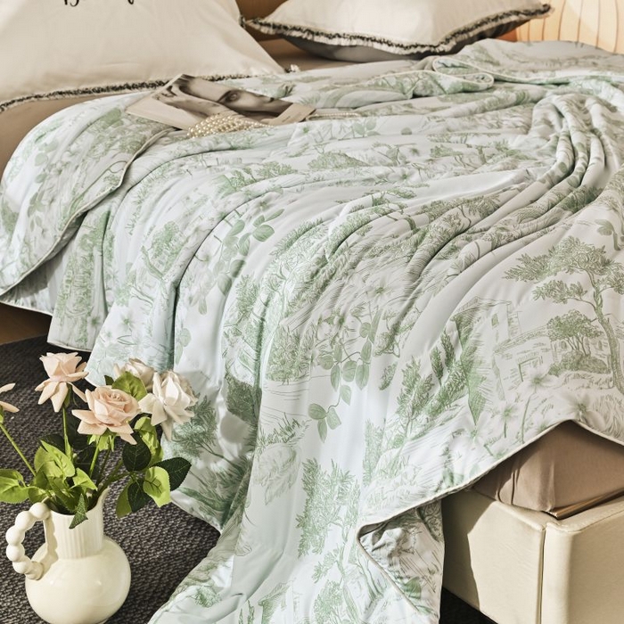 91家纺网 家纺一手货源 找家纺 佳居缘 2025新款A类冰氨双面数码印花凉感夏被 繁花-绿