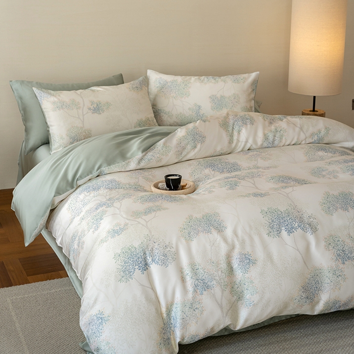 91家纺网 家纺一手货源 找家纺 沐晴家纺 2025春夏新款纯色数码印花60兰精天丝四件套 如愿-绿