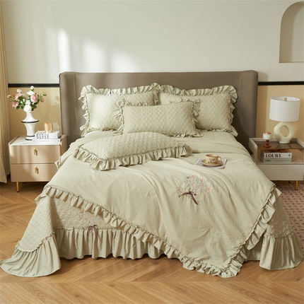 91家纺网 家纺一手货源 找家纺 恒爱家纺 2025新款A类情缘多功能床盖四件套 芥末绿