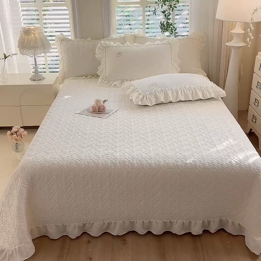 91家纺网 家纺一手货源 找家纺 花香四季家纺 2025新款泡芙小姐双层纱华夫格柔棉夹棉绗缝床盖床垫子单件三件套 泡芙小姐-奶油黄
