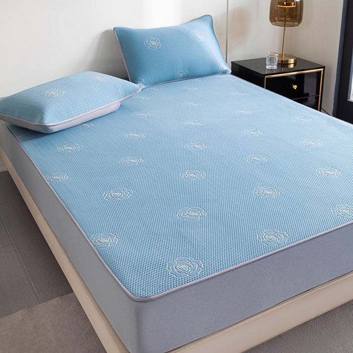 91家纺网 家纺一手货源 找家纺 2025新款山茶花系列冰豆豆凉席 山茶花床笠款-蓝