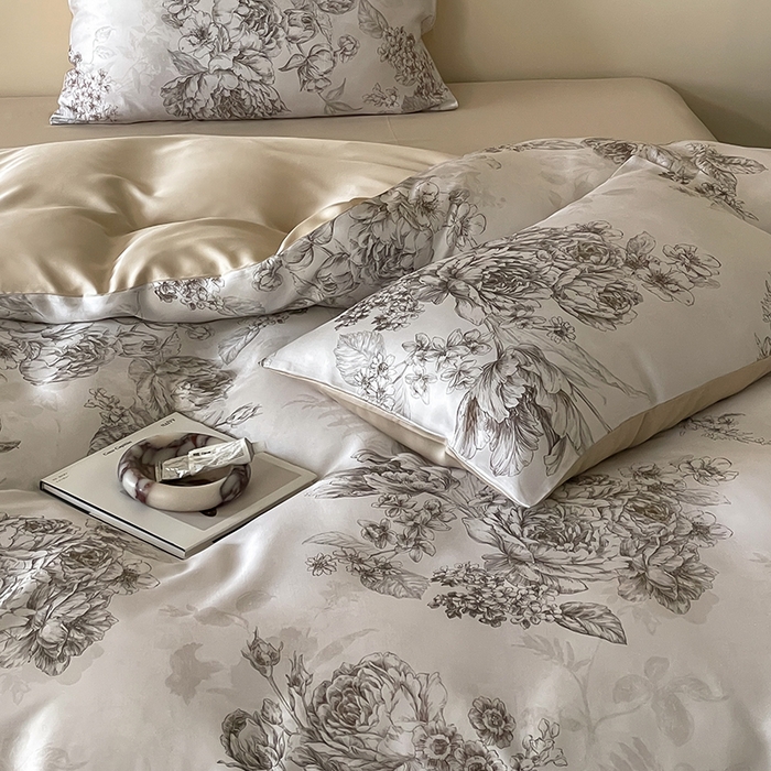 91家纺网 家纺一手货源 找家纺 沐晴家纺 2025春夏新款纯色数码印花60兰精天丝四件套 沁香-咖