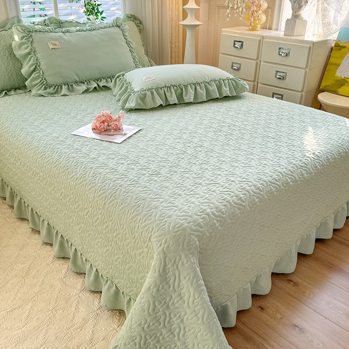 91家纺网 家纺一手货源 找家纺 花香四季家纺 2025新款泡芙小姐双层纱华夫格柔棉夹棉绗缝床盖床垫子单件三件套 泡芙小姐-绿