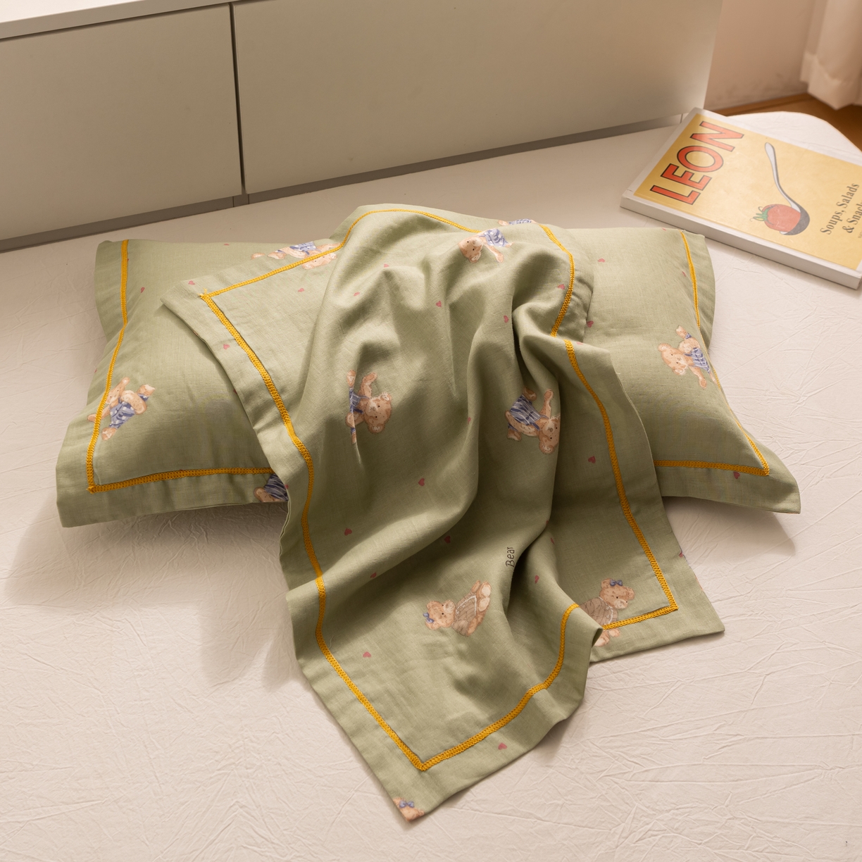 91家纺网 家纺一手货源 找家纺 萌番宝 2025新款A类全棉纯棉水洗双层纱卡通儿童单枕套信封枕单枕套 枕套单件 星星小熊