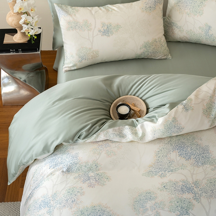 91家纺网 家纺一手货源 找家纺 沐晴家纺 2025春夏新款纯色数码印花60兰精天丝四件套 如愿-绿