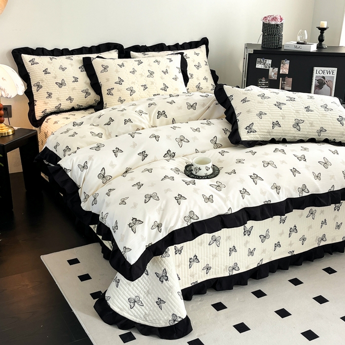 91家纺网 家纺一手货源 找家纺 （总）亿品家纺 2025新款亲肤舒适黑花边床盖四件套