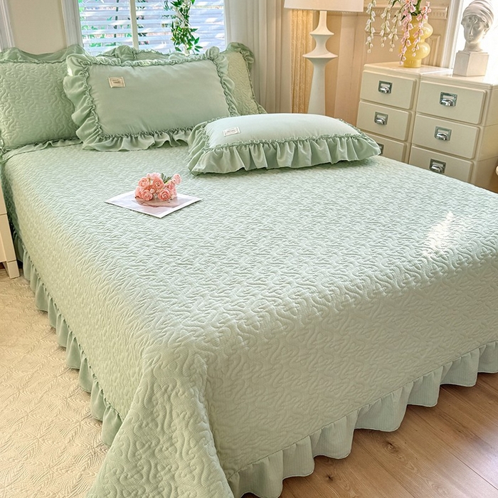 91家纺网 家纺一手货源 找家纺 花香四季家纺 2025新款泡芙小姐双层纱华夫格柔棉夹棉绗缝床盖床垫子单件三件套 泡芙小姐-绿