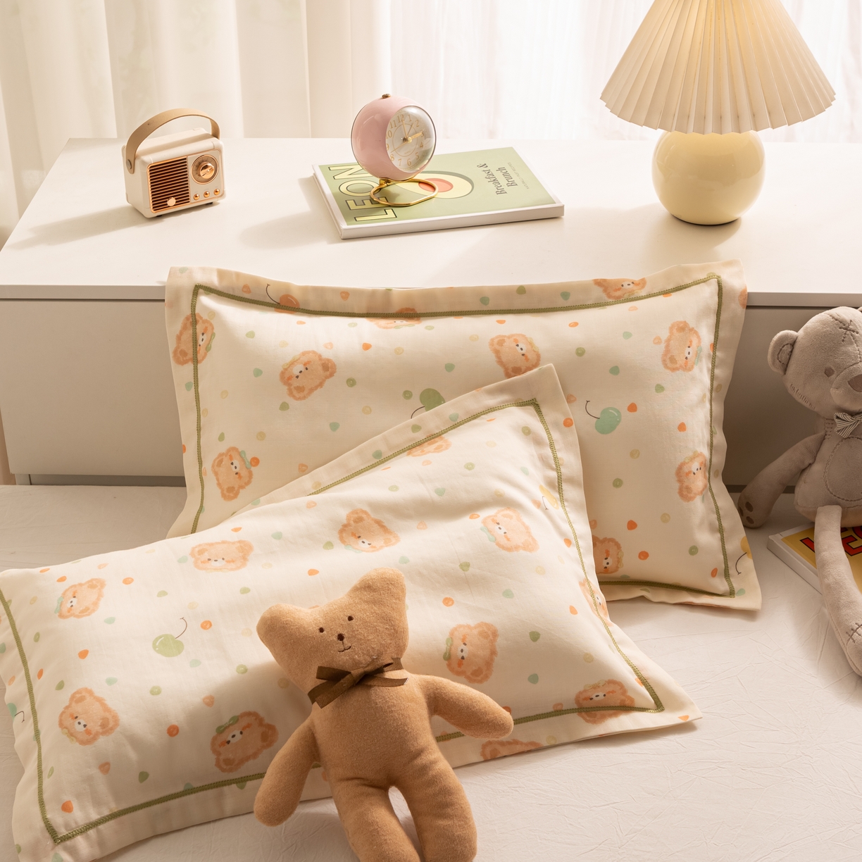 91家纺网 家纺一手货源 找家纺 萌番宝 2025新款A类全棉纯棉水洗双层纱卡通儿童单枕套信封枕单枕套 枕套单件 仔仔熊