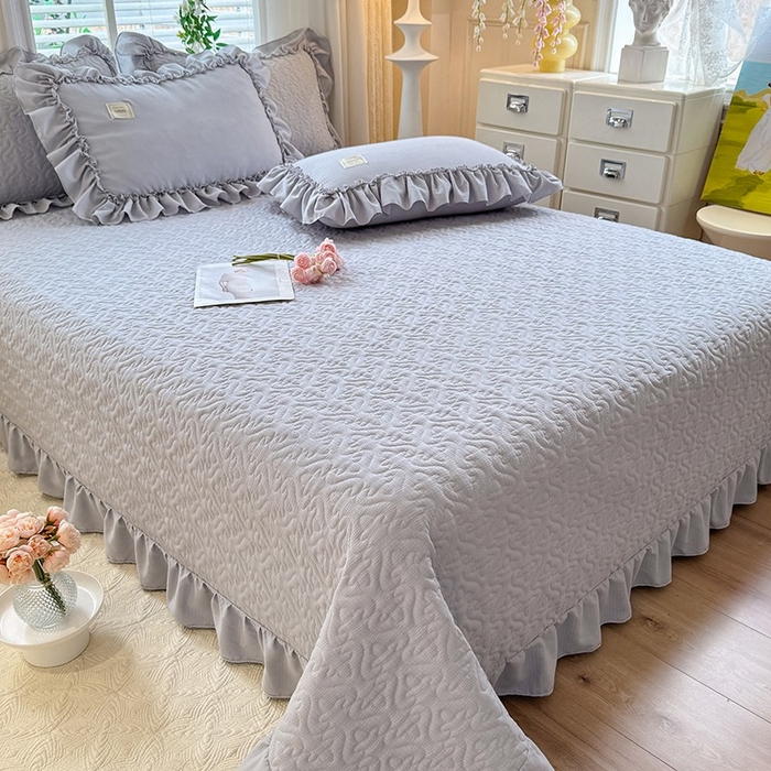 91家纺网 家纺一手货源 找家纺 （总）花香四季家纺 2025新款泡芙小姐双层纱华夫格柔棉夹棉绗缝床盖床垫子单件三件套