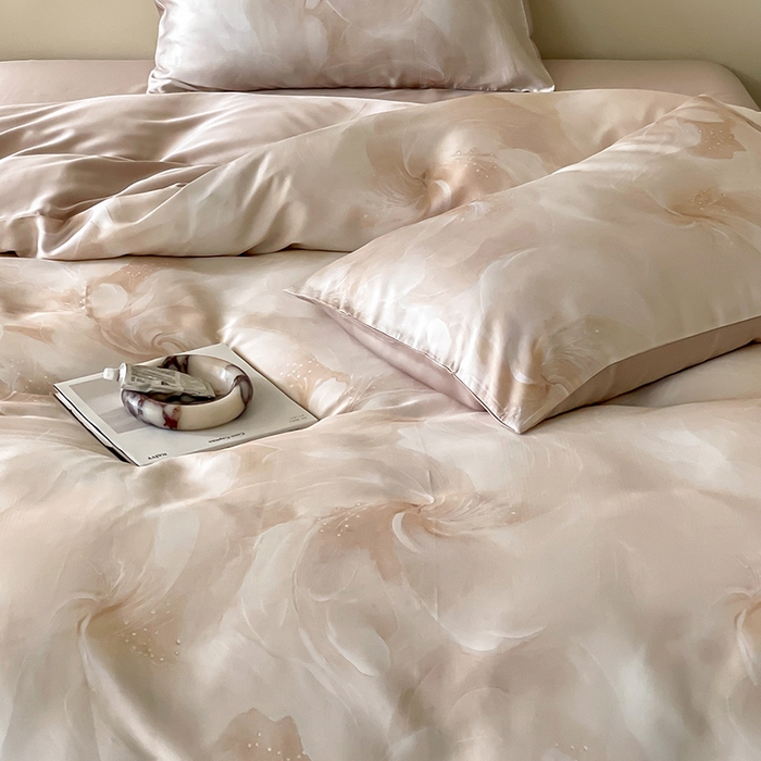 91家纺网 家纺一手货源 找家纺 沐晴家纺 2025春夏新款纯色数码印花60兰精天丝四件套 莫斯-粉玉