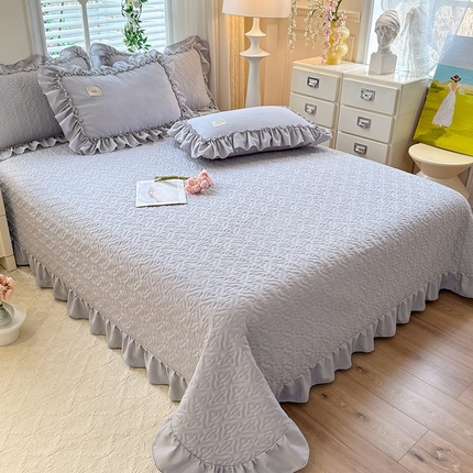 花香四季家纺 2025新款泡芙小姐双层纱华夫格柔棉夹棉绗缝床盖床垫子单件三件套 泡芙小姐-灰