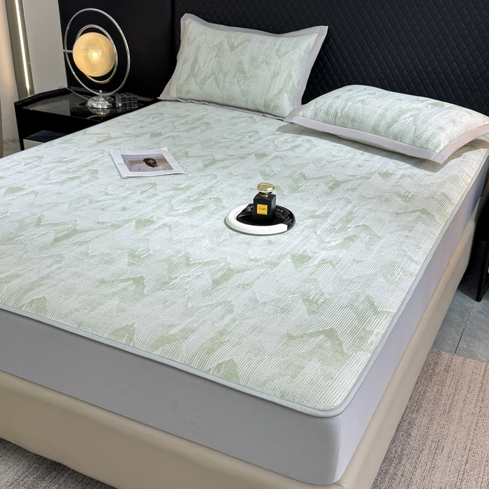 91家纺网 家纺一手货源 找家纺 999家纺 2025新款高端轻奢PE中分子凉感大提花凉席软席 山溪-绿（床笠款）