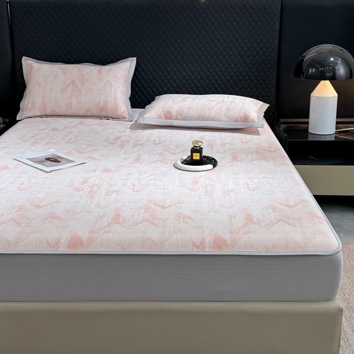 91家纺网 家纺一手货源 找家纺 小萌虎 小萌虎 2025新款PE高分子乙纶提花凉感凉席床席款床笠款 山溪-粉（床笠款）