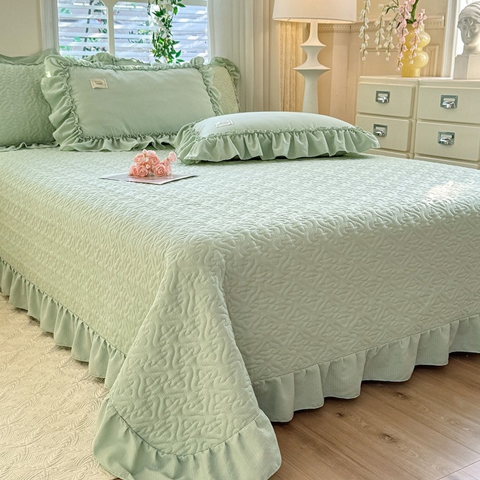 91家纺网 家纺一手货源 找家纺 花香四季家纺 2025新款泡芙小姐双层纱华夫格柔棉夹棉绗缝床盖床垫子单件三件套 泡芙小姐-绿