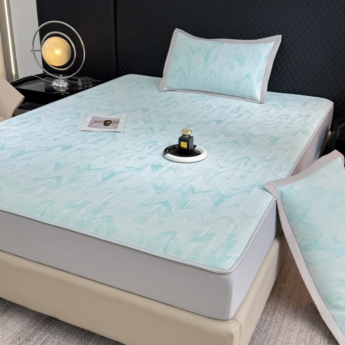 91家纺网 家纺一手货源 找家纺 小萌虎 小萌虎 2025新款PE高分子乙纶提花凉感凉席床席款床笠款 山溪-蓝（床笠款）