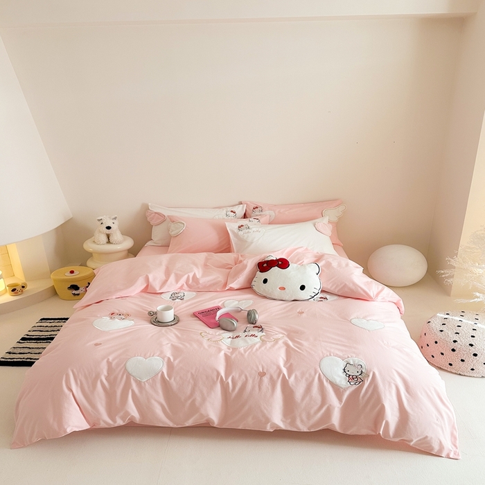 91家纺网 家纺一手货源 找家纺 朗莎家纺 2025新款40支全棉水洗五件套 粉kt