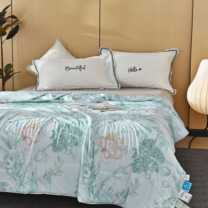 91家纺网 家纺一手货源 找家纺 佳居缘 2025新款A类冰氨双面数码印花凉感夏被 锦绣-绿