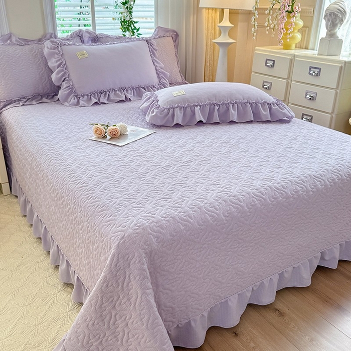 91家纺网 家纺一手货源 找家纺 花香四季家纺 2025新款泡芙小姐双层纱华夫格柔棉夹棉绗缝床盖床垫子单件三件套 泡芙小姐-紫