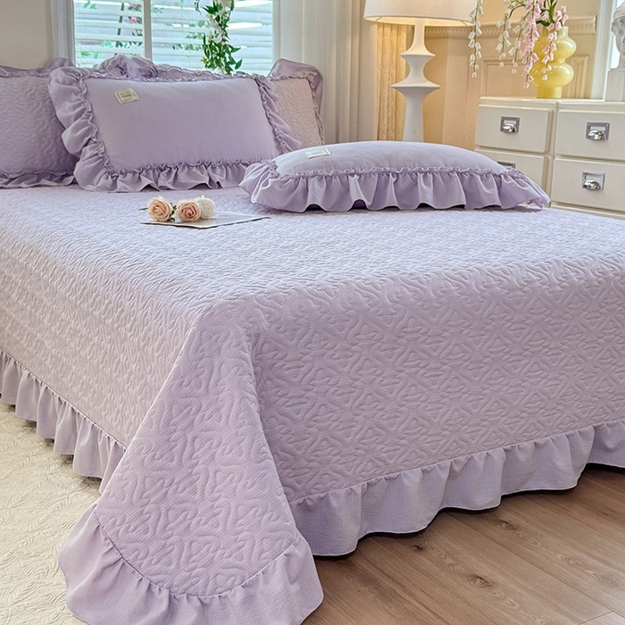 91家纺网 家纺一手货源 找家纺 花香四季家纺 2025新款泡芙小姐双层纱华夫格柔棉夹棉绗缝床盖床垫子单件三件套 泡芙小姐-紫