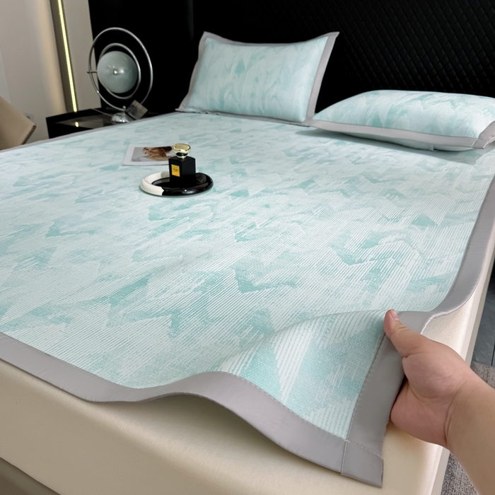 91家纺网 家纺一手货源 找家纺 小萌虎 小萌虎 2025新款PE高分子乙纶提花凉感凉席床席款床笠款 山溪-蓝（床席款）