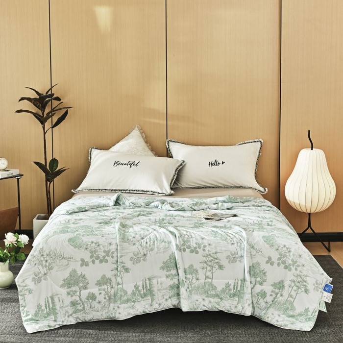 91家纺网 家纺一手货源 找家纺 佳居缘 2025新款A类冰氨双面数码印花凉感夏被 繁花-绿