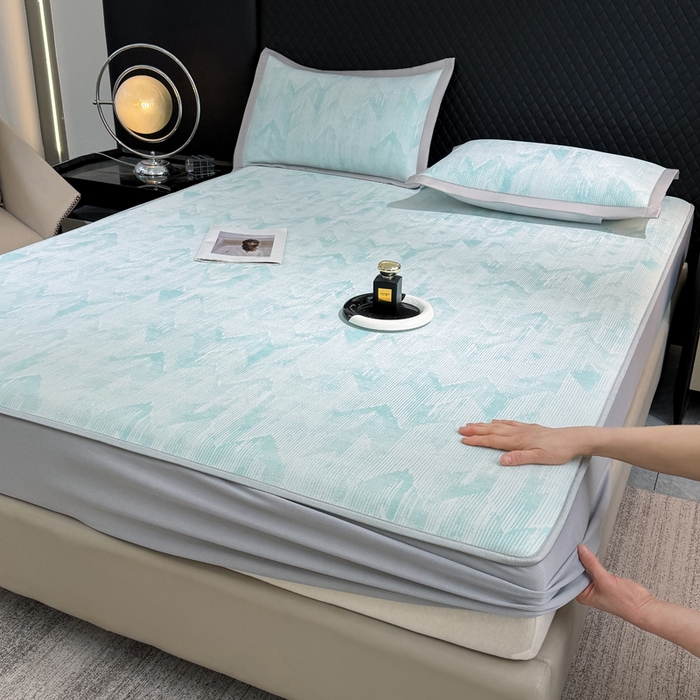 91家纺网 家纺一手货源 找家纺 999家纺 2025新款高端轻奢PE中分子凉感大提花凉席软席 山溪-蓝（床笠款）