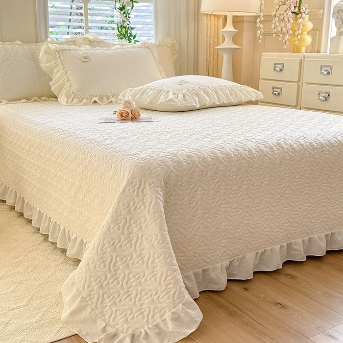 91家纺网 家纺一手货源 找家纺 花香四季家纺 2025新款泡芙小姐双层纱华夫格柔棉夹棉绗缝床盖床垫子单件三件套 泡芙小姐-奶油黄