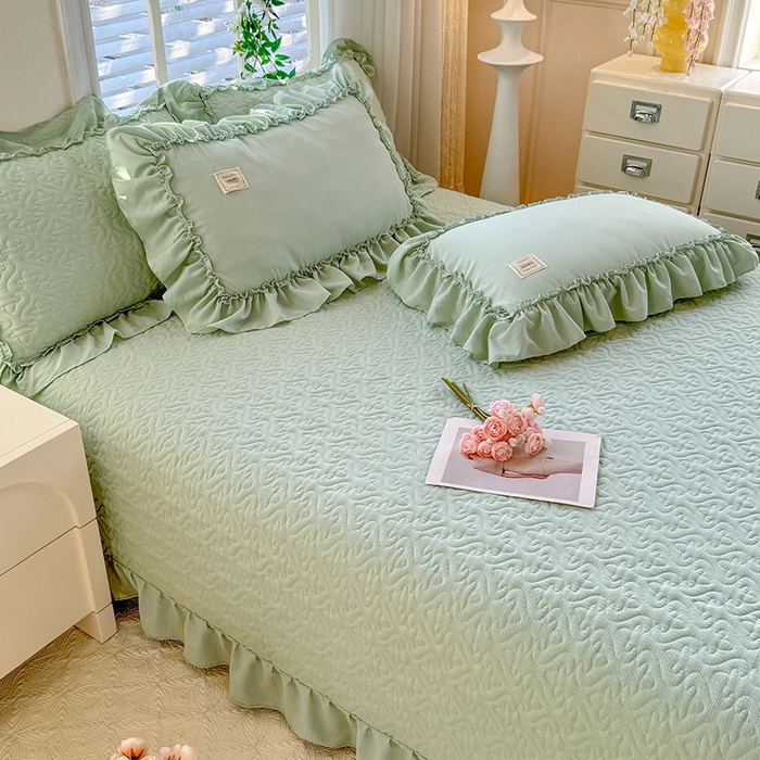 91家纺网 家纺一手货源 找家纺 花香四季家纺 2025新款泡芙小姐双层纱华夫格柔棉夹棉绗缝床盖床垫子单件三件套 泡芙小姐-绿