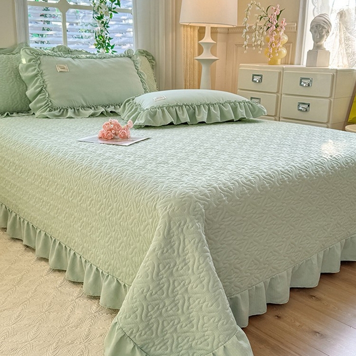 91家纺网 家纺一手货源 找家纺 花香四季家纺 2025新款泡芙小姐双层纱华夫格柔棉夹棉绗缝床盖床垫子单件三件套 泡芙小姐-绿