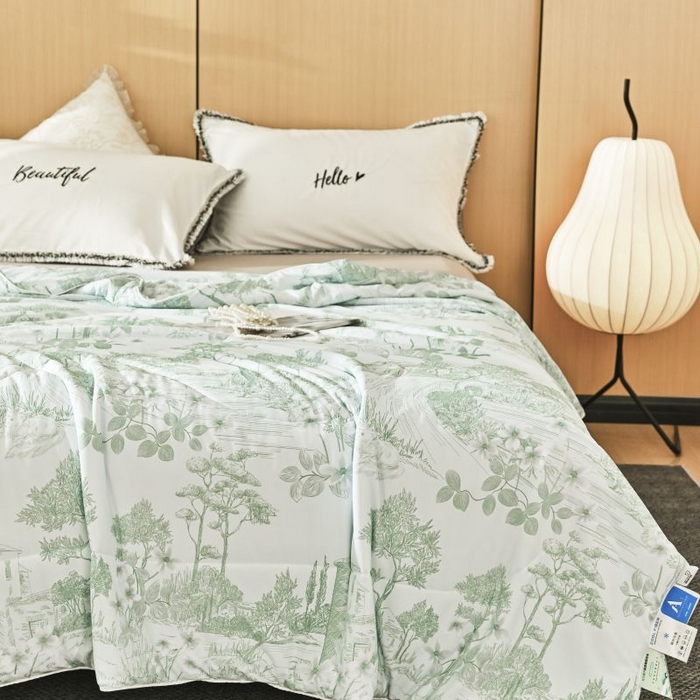 91家纺网 家纺一手货源 找家纺 佳居缘 2025新款A类冰氨双面数码印花凉感夏被 繁花-绿