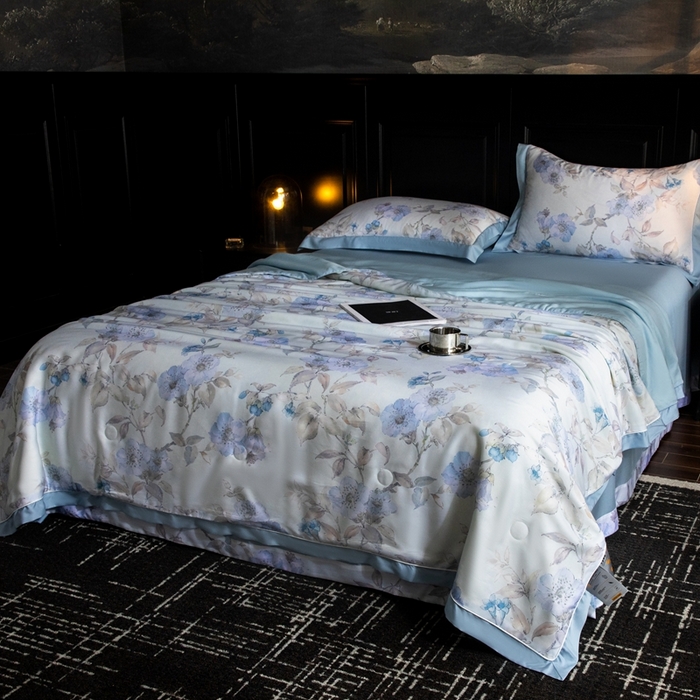 91家纺网 家纺一手货源 找家纺 佳居缘 2025新款天丝数码印花夏被四件套 悠蓝挽夏